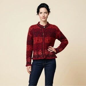 Vintage Button-Front Red Floral Knit Cardigan